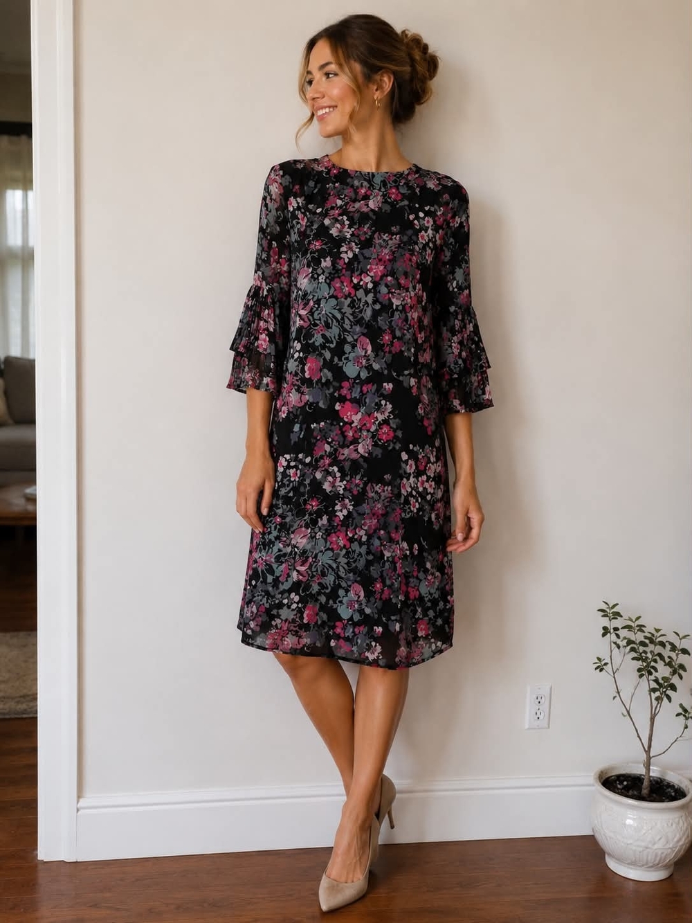 Sharagano Black Midi Dress with Pink and Gray Floral Print